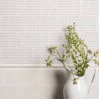 Clara French Blue (above) Papyrus Ogee (middle) Papyrus Cosmopolitan Half Tile (below)