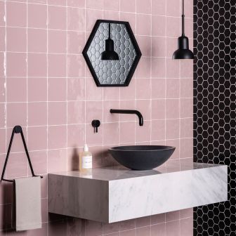Clover Metropolitan Field Tile (left) Black Honeycomb Mosaic Large Sheet (right)